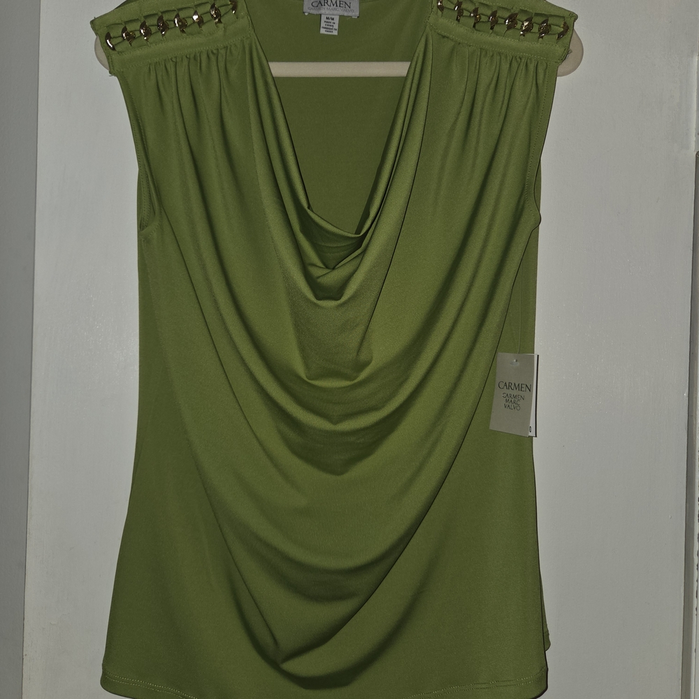Carmen Marc Valvo Olive Draped Blouse with Gold Details